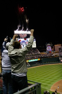 Fans celebrate a Michael Cuddyer solo home run in the bottom of the sixth inning of Minnesota wins 6-0 win over the Cleveland Indians on April 21, 2010.