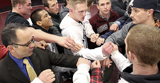 MINNEAPOLIS -- Members of the Augsburg College wrestling team gather at the end of a 38-3 victory over Minnesota State University Moorhead on January 17, 2012 in Minneapolis, Minn. Augsburg won the last nine of ten matches, including six with bonus points.