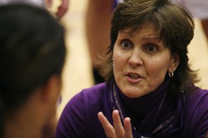 ST. PAUL, MINN. -- St. Thomas women's basketball head coach Ruth Sinn talks with player Taylor Young during a timeout in the second a half of 62-53 victory over visiting St. Olaf on January 18, 2012 in St. Paul. Sinn's 24th-ranked Tommies are 14-1  this season and 119-58 in her seven years at in St. Paul. (Caleb Williams, d3photography)