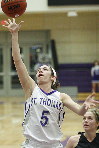 ST. PAUL, MINN. -- St. Thomas freshman Laura Margarit shoots the ball during the second half of a 93-52 victory over the University of St. Catherine on Feb. 8, 2012 at St. Thomas's Shoenecker Arena. Margarit scored a career-high six points off the bench, one of eight Tommies to score at least six points in the game.