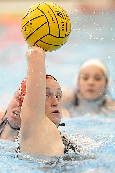 ST. PAUL, MINN. (April 12, 2014) -- Washington & Jefferson water polo player Sara Boldt shoots the ball during the Collegiate Water Polo Championships at Macalester College.