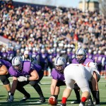 ST. PAUL, MINN. (Nov. 28, 2015) -- The St. Thomas offensive line prepares for a play in front of a crowd of 8,025 fans at St. Thomas' O'Shaughnessy Stadium during the first quarter of an NCAA Div. III Football second round playoff game in St. Paul, Minn. The No. 4 Tommies defeated their arch-rival No. 10 Johnnies 38-19. On this drive, the Tommies failed to convert a turnover in Johnnie territory into any points after a failed field goal attempt.