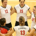 ST. PAUL, MINN. (Nov. 14, 2013) -- The College of St. Benedict volleyball team starters gather before the start of an NCAA Div. III Women's Volleyball first-round Regional game at the University of St. Thomas. St. Benedict went on to defeat Cornell 3-0.