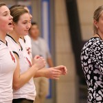 ST. PAUL, MINN. (Nov. 14, 2013) -- College of St. Benedict head coach Nicole Hess (right) reacts to a Blazer pointl during the second set of an NCAA Div. III Women's Volleyball first-round Regional game at the University of St. Thomas. St. Benedict defeated Cornell (Iowa) 3-0.