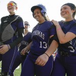 ST. PAUL, MINN. (April 6, 2014) -- St. Thomas' Brenna Walek celebrates with teammates after hitting her third romerun of the game as part of a 6-0 win by the Tommies.
